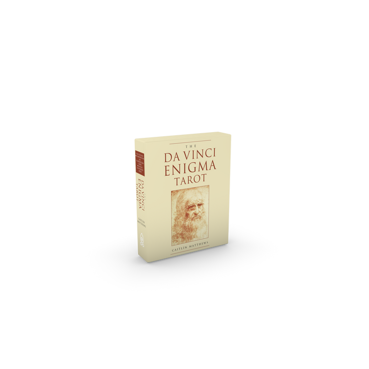 A beige box of the Da Vinci Enigma Tarot (Deck and Guidebook Box Set) by Schiffer Publishing, Ltd. features a sepia-toned sketch of a bearded man on the front, with red text showing the title above and author Caitlín Matthews below the image.