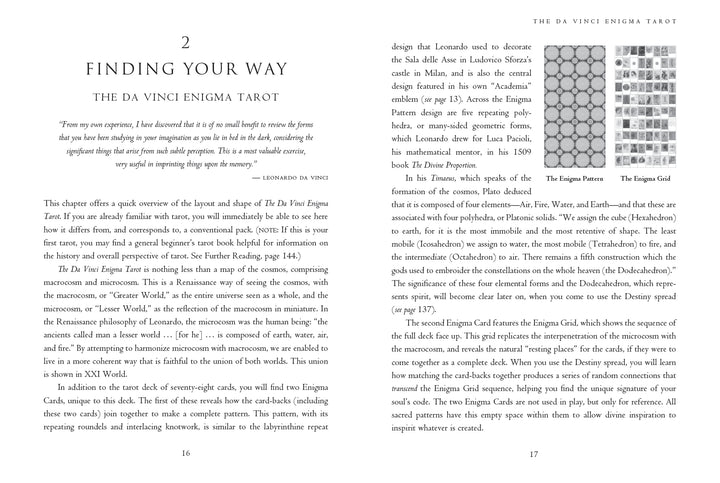 The Da Vinci Enigma Tarot (Deck and Guidebook Box Set) from Schiffer Publishing, Ltd. features guidebook pages describing the Enigma Pattern with images of circular cards and insights into the symbolism, art, and structure of the tarot’s suits and cards.