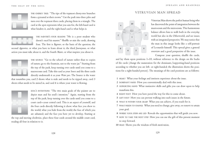 A two-page spread in the Da Vinci Enigma Tarot guidebook by Schiffer Publishing, Ltd. features card meanings on the left and a diagram of the “Vitruvian Man Spread” on the right, blending art and divination in this elegant deck and box set.