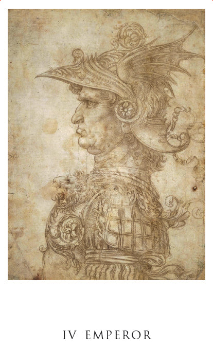 A sepia-toned sketch of a stern man in ornate feathered armor and helmet, labeled IV EMPEROR, appears in the Da Vinci Enigma Tarot (Deck and Guidebook Box Set) by Schiffer Publishing, Ltd.