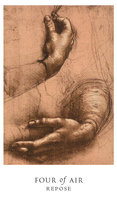 A sepia-toned sketch of three hands—one with a writing instrument, others resting—appears above "Four of Air – Repose" from the Da Vinci Enigma Tarot (Deck and Guidebook Box Set) by Schiffer Publishing, Ltd.