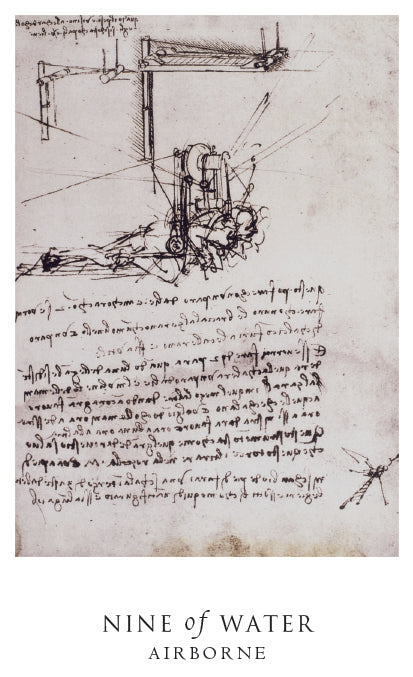 A card from the Da Vinci Enigma Tarot (Schiffer Publishing, Ltd.) depicts a complex mechanical device with mirrored notes. Below, it says: Nine of Water, Airborne. The aged paper background adds to its mystique.