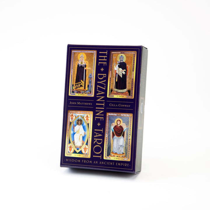 A box of The Byzantine Tarot by Schiffer Publishing, Ltd., displays four illustrated cards and the authors’ names, John Matthews and Cilla Conway, on a dark background with the tagline: Wisdom from the Byzantine Empire.