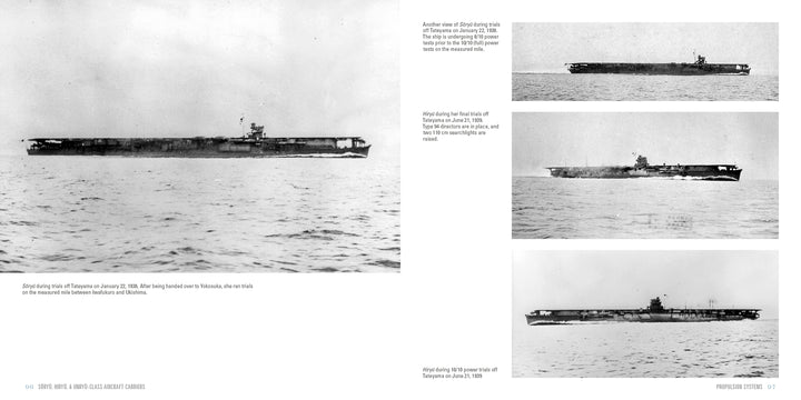 Four black-and-white photos depict Sōryū, Hiryū, and Unryū-class aircraft carriers from various angles on the ocean surface. Captions provide details. Published by Schiffer Publishing, Ltd.