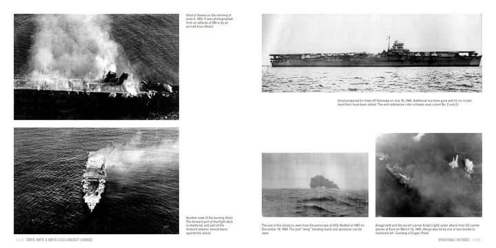 Black-and-white wartime photos in "Sōryū, Hiryū, and Unryū-Class Aircraft Carriers" by Schiffer Publishing, Ltd. show Imperial Japanese Navy carriers burning or damaged at sea and at dock, with visible aircraft on deck.