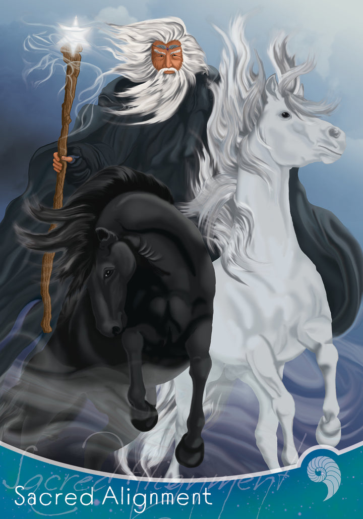 An illustrated wizard with long white hair and beard holds a glowing staff, standing behind black and white horses. Inspired by Rider-Waite art, the card reads “Sacred Alignment.” From Eternal Seeker Oracle by Schiffer Publishing, Ltd.