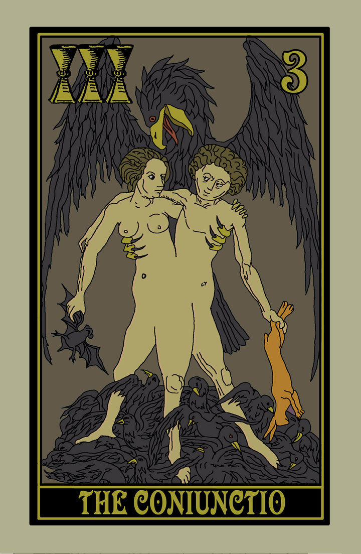 The Rota Mundi Tarot by Schiffer Publishing, Ltd. features a card titled The Coniunctio, depicting two nude androgynous figures embraced with a large dark bird behind them, dead birds at their feet, one holding a bat, the other an orange animal.