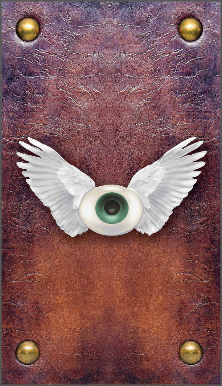 The American Renaissance Tarot by Schiffer Publishing, Ltd. features a central eyeball with white wings on textured brown leather, bordered with brass rivets—evoking Major Arcana symbolism inspired by American literature.