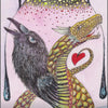 A mystical illustration from the Ravyness Drakon Tarot by Schiffer Publishing, Ltd. depicts a crow and dragon entwined with a red heart, under a full moon above geometric mountains; “HERMIT” is boldly printed below.