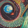 A vibrant dragon serpent coils around Earth against a swirling, dark cosmic backdrop. Tarot-inspired, the image features "WORLD" in bold yellow lettering. From the Ravyness Drakon Tarot by Schiffer Publishing, Ltd.