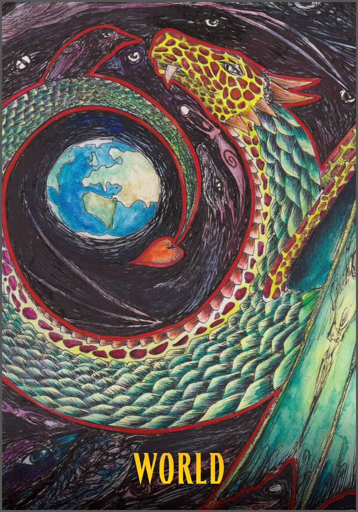 A vibrant dragon serpent coils around Earth against a swirling, dark cosmic backdrop. Tarot-inspired, the image features "WORLD" in bold yellow lettering. From the Ravyness Drakon Tarot by Schiffer Publishing, Ltd.