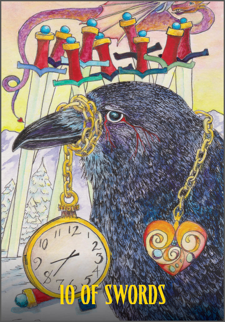 The Ravyness Drakon Tarot by Schiffer Publishing, Ltd. features a 10 of Swords card with a black raven holding a pocket watch and heart locket on gold chains, ten swords in the ground, and a dragon flying in the colorful sky behind.