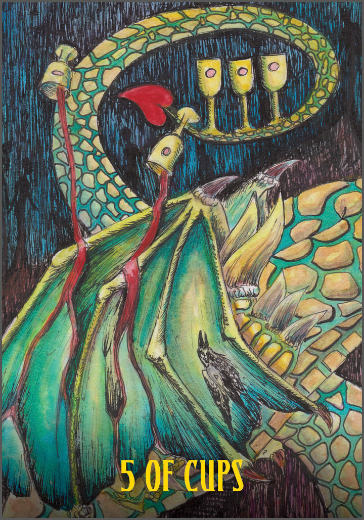 A vibrant illustration from the Ravyness Drakon Tarot by Schiffer Publishing, Ltd. depicts the 5 of Cups: a yellow-green snake with red accents, three upright cups, two spilled cups, and “5 of Cups” in yellow at the bottom—perfect for self-awareness readings.