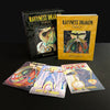 The Ravyness Drakon Tarot by Schiffer Publishing, Ltd. features vibrant dragon artwork. The set includes a card box and self-awareness guidebook, with tarot cards—Chariot, Eight of Swords, Ace of Swords—displayed in front.