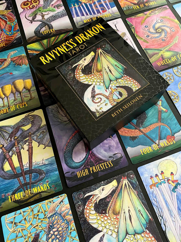 The Ravyness Drakon Tarot by Schiffer Publishing, Ltd. features vibrant dragon-themed cards and names, offering self-discovery through stunning artwork and a helpful guidebook.
