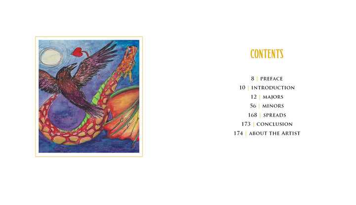 The Ravyness Drakon Tarot by Schiffer Publishing, Ltd. features a colorful illustration of a black bird above an orange-yellow snake with a red heart by its beak and a guidebook-style table of contents listing sections and page numbers.