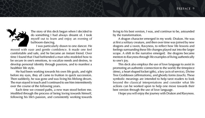 An open book from Schiffer Publishing, Ltd.'s Ravyness Drakon Tarot shows page 9, where the left page starts a story of discovering dance and meeting Raynnes, and the right introduces dragons, creativity, and self-awareness.