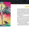 An illustrated card from the Ravyness Drakon Tarot by Schiffer Publishing, Ltd. shows a clock at midnight pierced by a sword, dragon wings, and a raven above, with a black cat below. The guidebook explores the Magician card’s self-awareness and transformation symbolism.