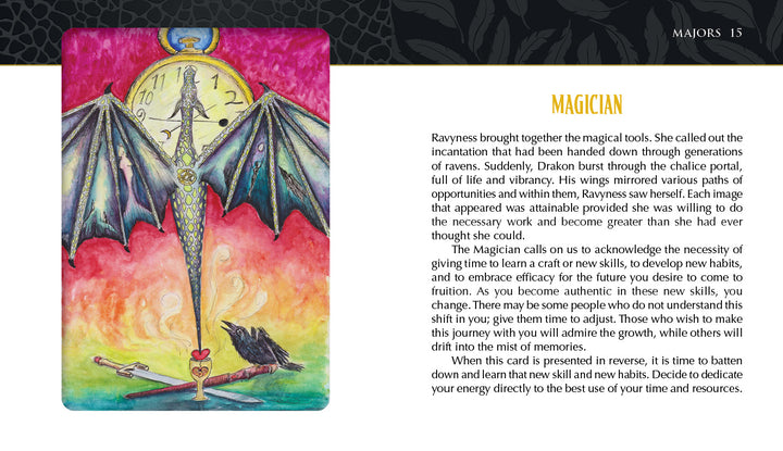 An illustrated card from the Ravyness Drakon Tarot by Schiffer Publishing, Ltd. shows a clock at midnight pierced by a sword, dragon wings, and a raven above, with a black cat below. The guidebook explores the Magician card’s self-awareness and transformation symbolism.
