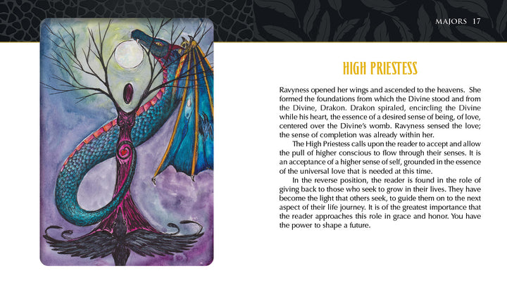 A vibrant blue and red dragon coils around a bare tree under a glowing full moon. Its wings spread wide as it gazes upward. "Ravyness Drakon Tarot" by Schiffer Publishing, Ltd. features High Priestess and self-awareness text on the right.