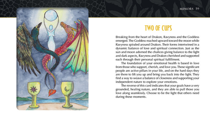An illustrated card from the Ravyness Drakon Tarot by Schiffer Publishing, Ltd. shows two cups on the ground with red and blue entwined serpents, outstretched wings, a full moon above, a glowing figure, and a cloudy mountain backdrop.