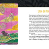 An illustration from the Ravyness Drakon Tarot by Schiffer Publishing, Ltd. shows a black crow on a green pentacle, six more in a tree, sunset sky and grassy hills, with Seven of Pentacles guidebook text on the right.
