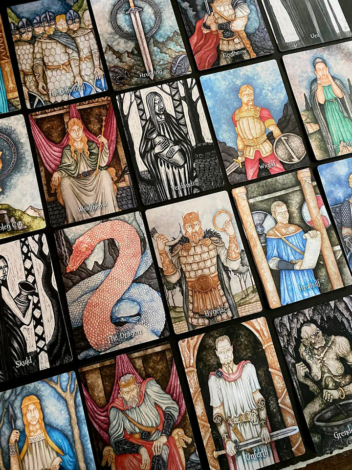 The Beowulf Oracle by Schiffer Publishing, Ltd. features intricately illustrated Norse mythology tarot cards depicting gods, warriors, and mythical creatures—each card a unique step on your self-discovery journey.
