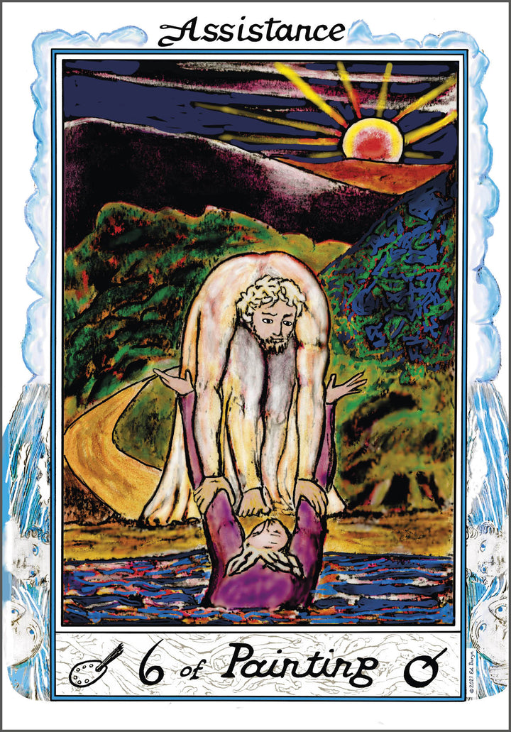 The William Blake Tarot of the Creative Imagination by Schiffer Publishing, Ltd. features a "6 of Painting" card—one figure lifts another from water amid mountains, trees, and a setting sun, symbolizing creative imagination and assistance.