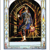 A barefoot figure in blue with a glowing orb steps through a dark archway, radiant light shining. The ornate border features fire, clouds, and "Imagination IX" from The William Blake Tarot of the Creative Imagination by Schiffer Publishing, Ltd.