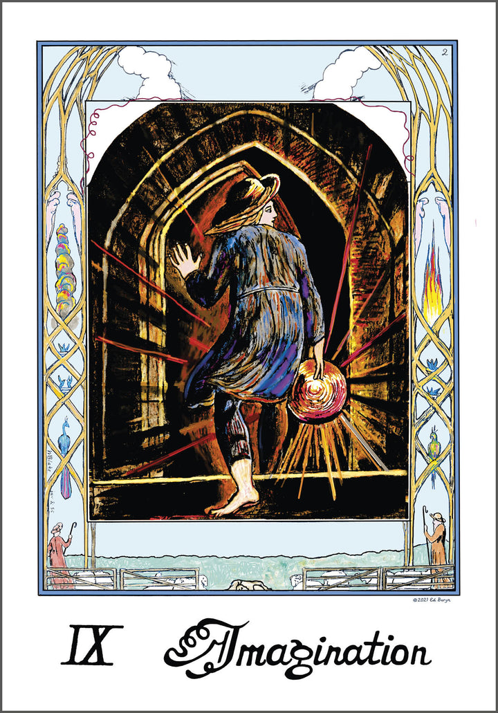A barefoot figure in blue with a glowing orb steps through a dark archway, radiant light shining. The ornate border features fire, clouds, and "Imagination IX" from The William Blake Tarot of the Creative Imagination by Schiffer Publishing, Ltd.