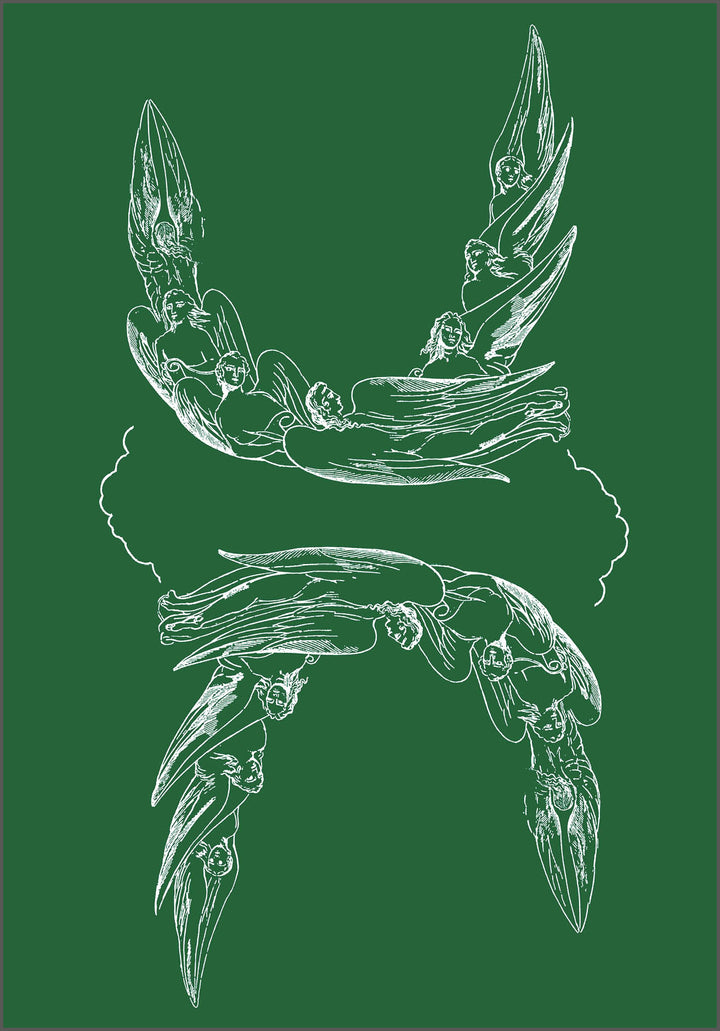 White line art of mirrored winged figures forming the Pisces zodiac symbol on green, inspired by The William Blake Tarot of the Creative Imagination from Schiffer Publishing, Ltd.