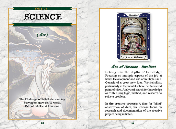 Two pages from The William Blake Tarot of the Creative Imagination by Schiffer Publishing, Ltd., describing the Ace of Science—Intellect, with an illustration of a wise figure beneath stars and text on self-understanding and creativity.