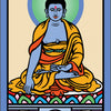 A stylized illustration for The Buddha Tarot by Schiffer Publishing, Ltd.: a blue-skinned Buddha sits cross-legged on a lotus, in yellow and orange robes, with a green halo and border inspired by Major Arcana motifs.
