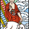 A stylized illustration inspired by The Buddha Tarot from Schiffer Publishing, Ltd. shows a serene figure in red robes with a halo and a white elephant on golden stairs, evoking the mystical Major Arcana of a Tarot deck.