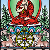 A vibrant illustration from The Buddha Tarot by Schiffer Publishing, Ltd. shows Buddha cross-legged on a lotus throne teaching, with two deer, a Dharma wheel, and five monks in reverence below a radiant sky.