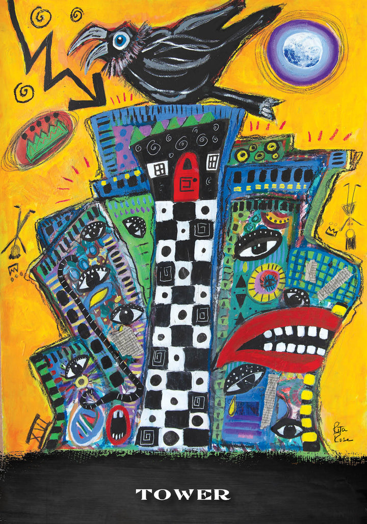 A vibrant Outsider Art Tarot card from Schiffer Publishing, Ltd. features a tilted tower with checkerboard and geometric designs, large eyes and lips, a black bird, lightning bolt, and yellow moonlit sky. "TOWER" is printed at the bottom.