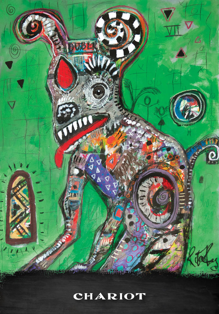 A vibrant abstract creature with large eyes, a red tongue, and spirals sits on a bright green backdrop. Geometric shapes and playful details add flair. "CHARIOT" appears below in white. From Outsider Art Tarot by Schiffer Publishing, Ltd.