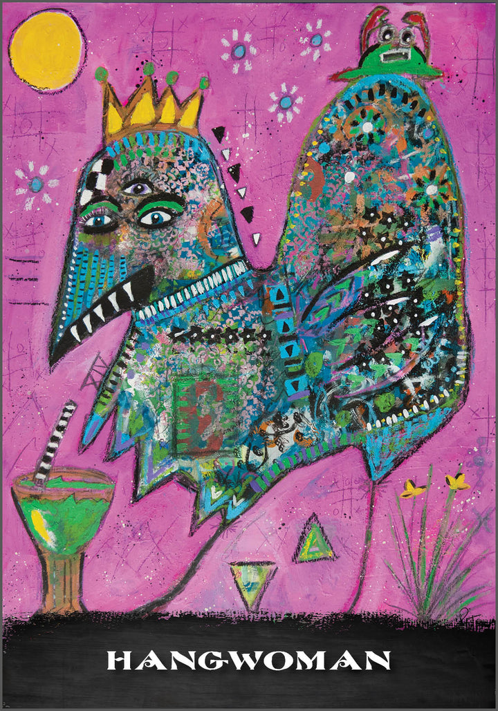 Colorful abstract artwork from Outsider Art Tarot by Schiffer Publishing, Ltd. depicts a crowned, multi-eyed bird figure with a frog on its back and "HANG-WOMAN" below, surrounded by flowers and geometric shapes in art brut tarot style.
