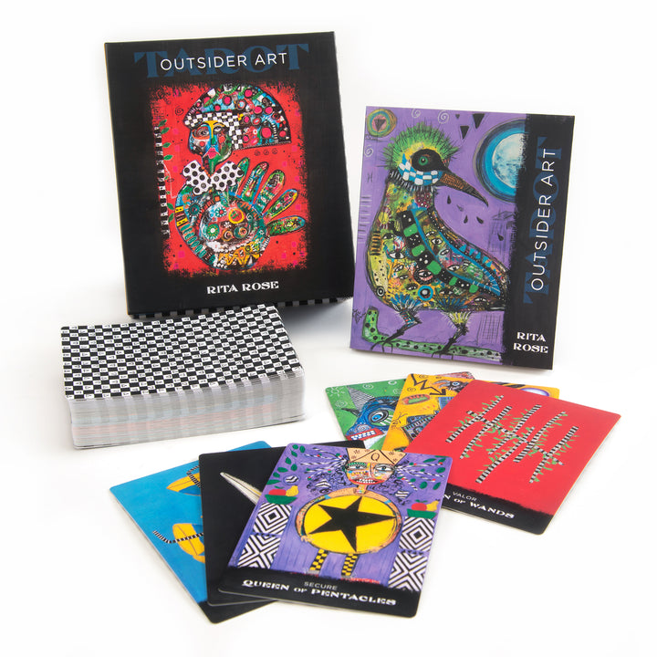 The Outsider Art Tarot by Schiffer Publishing, Ltd. features vibrant illustrated cards and unique guidebooks, displayed on a white surface. The card backs display a striking black and white checkerboard pattern.