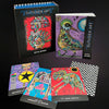 The Outsider Art Tarot by Schiffer Publishing, Ltd. is shown with its box and guidebook. Several vivid, abstract cards featuring intricate outsider art designs are fanned out in front.