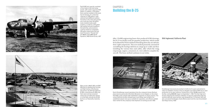 A two-page spread in "B-25 Mitchell, Vol. 1: The A through D Models in World War II" by Schifferbooks features black-and-white photos of B-25s on runways, at airfields, and inside a California aircraft plant with workers.
