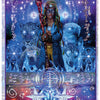 A mystical figure with a staff stands among blue and purple auras, animals, and glowing runes. Text reads “Celestial Frequencies.” An intuitive creation from Schiffer Publishing, Ltd., inspired by oracle cards.