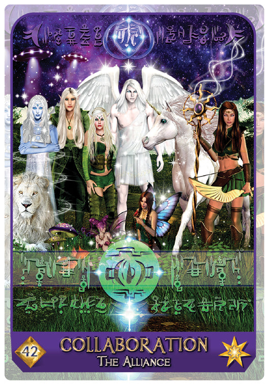 A fantasy scene from "Celestial Frequencies" by Schiffer Publishing, Ltd.: elves, a white-winged angel, unicorn, lion, and fairy gather beneath a cosmic sky, evoking intuitive guidance for oracle card inspiration.