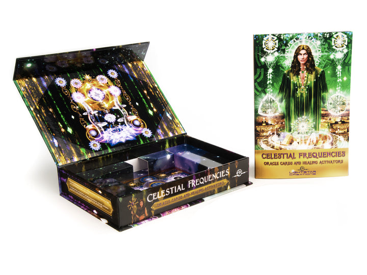 Celestial Frequencies by Schiffer Publishing, Ltd. is shown open with cards and a guidebook featuring a woman in a green robe amid celestial art, offering intuitive guidance.