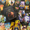 A Clarity Tarot (Deck and Guidebook Box Set) box from Schiffer Publishing, Ltd. is surrounded by vibrant cards from the deck, showcasing cartomancy icons like the High Priestess, Judgment, Cups, Pentacles, and Wands.
