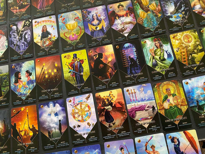 A vibrant display of the Clarity Tarot by Schiffer Publishing, Ltd. showcases vivid card illustrations—wands, cups, swords, pentacles, and major arcana—arranged for contemporary tarot readings.