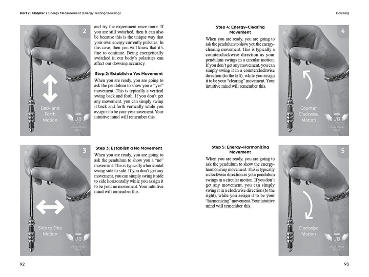 Four grayscale images from Clarity Tarot by Schiffer Publishing, Ltd. show a hand using a pendulum over a surface, demonstrating side-to-side and circular motions for energy work. Text instructions are included with each image.