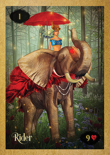 A woman in blue with a feathered hat sits on a decorated elephant under a red umbrella in an enchanted forest. The Rider card from the "Lenormand of Enchantment" by Schiffer Publishing, Ltd. is ideal for tarot readings or guidebook reference.