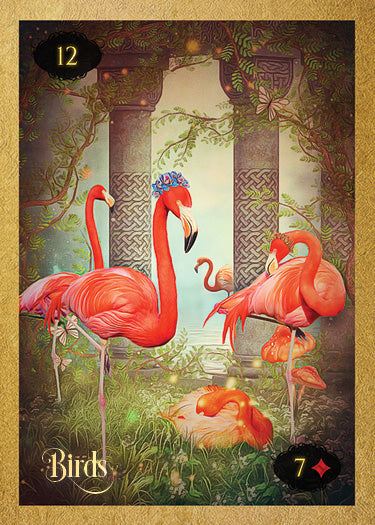 Three pink flamingos stand by stone pillars amid flowers and greenery as sunlight streams through arches. The Lenormand of Enchantment deck by Schiffer Publishing, Ltd. card shows numbers 12, 7, and the word "Birds" in the lower left corner.