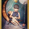 A young boy in overalls and a flat cap sits on a crescent moon with a fishing pole, stars, clouds, and lanterns around him—an enchanting scene from the "Lenormand of Enchantment" deck by Schiffer Publishing, Ltd., marked 13 Child/Jack of Spades.